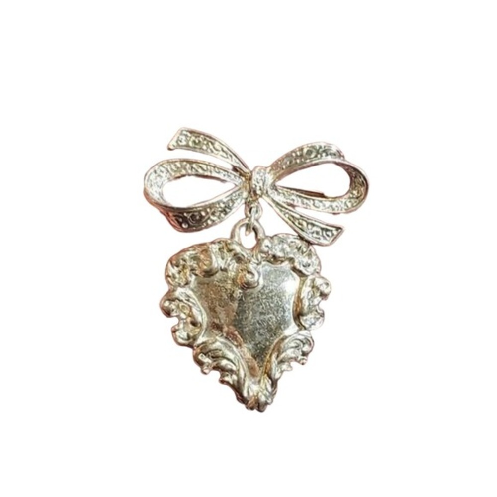Vintage Silver Tone Bow and Dangle Heart Brooch Ornate Scrollwork Pin